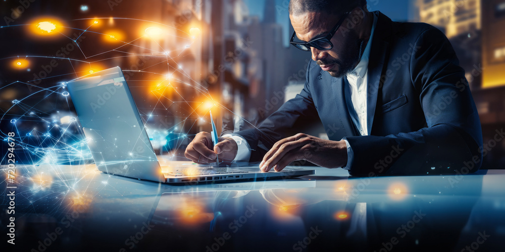 Poster businessman working on laptop synchronizing business data with global network, showcasing data trans