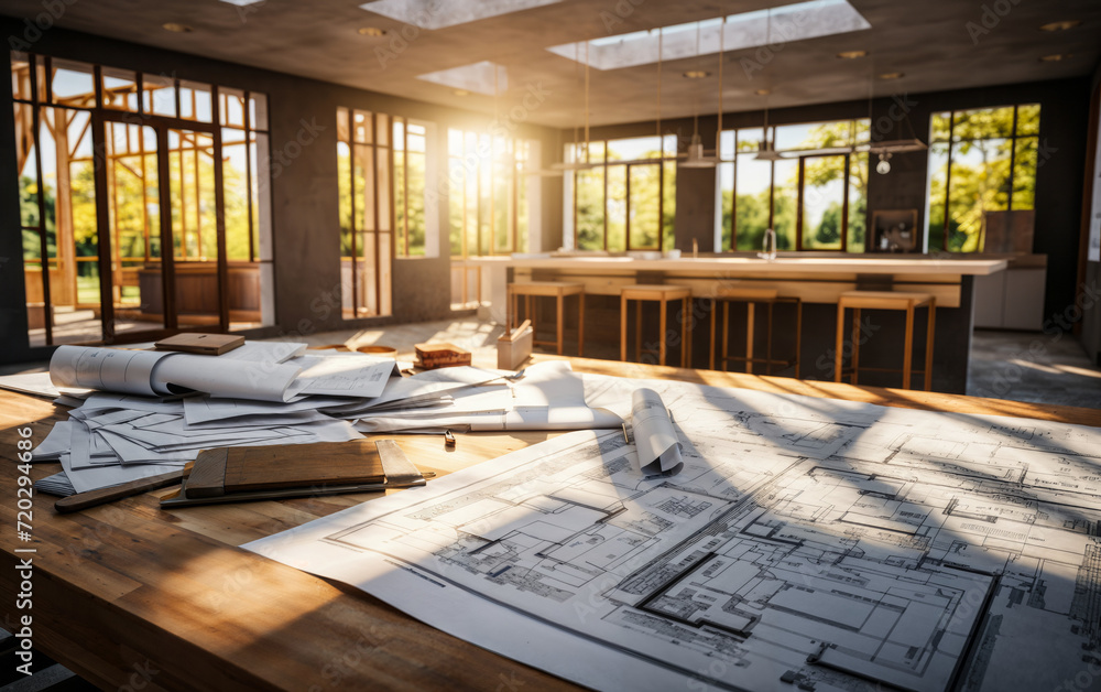 Poster architectural blueprints on a table with sunlight streaming through windows in a home under renovati
