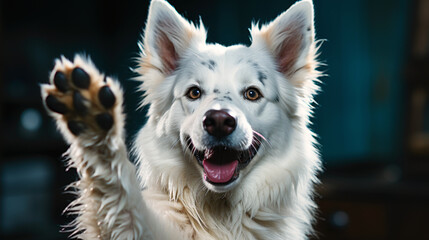 Friendly White Dog with Raised Paw Ready to Greet. Generative AI.