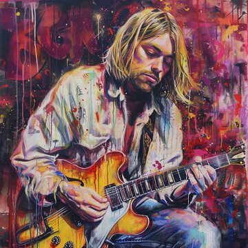 Guitar player. Grunge style. Oil painting.AI.
