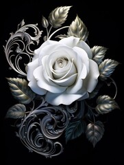 Beautiful gothic white rose with cast metal foliage on black background, close-up, vertical image.