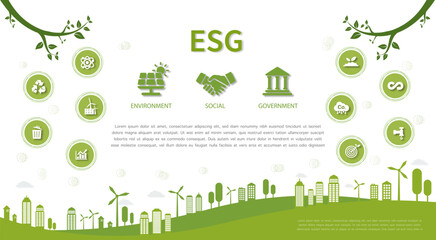 ESG concept of environmental, social and governance. in sustainable and ethical business on the Network connection on a green background. Green Vector illustration