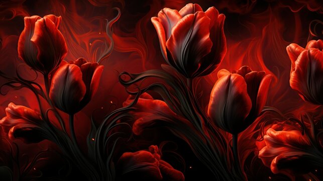 Beautiful fiery red tulips in gothic style with black foliage, close-up.