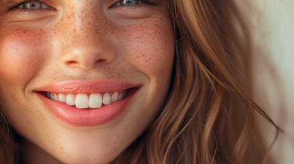 Obraz premium A beautiful woman with a bright smile in a close-up portrait, radiating happiness and dental care