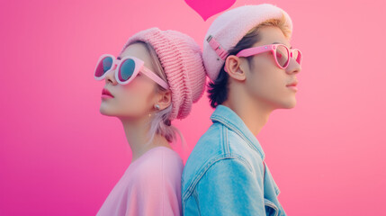 Gen Z fashion mixed couple with trendy pink sunglasses , Smiling girl in pink sunglasses on a sunny summer day.  - Powered by Adobe