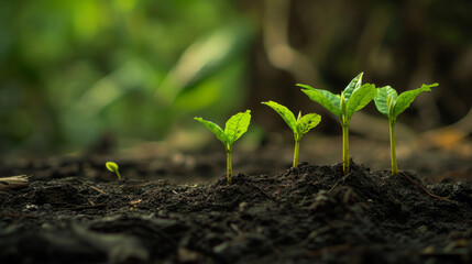Fototapeta premium Row of young trees sprouting from the earth.
