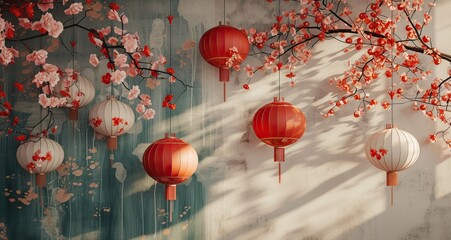Fototapeta na wymiar Happy Chinese new year background . Year of the dragon design wallpaper with Chinese hanging lantern, gold texture. AI generated illustration
