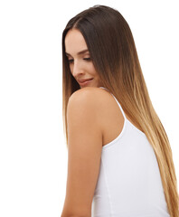 Beauty, hair and happy with natural woman in studio isolated on white background for keratin treatment. Aesthetic, wellness and growth with young model at salon for shampoo, balayage or haircare