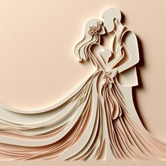 Silhouette of the bride and groom on a pastel wallpaper made of smooth paper as a wedding invitation, the concept of strong art, pastel colors. 3d
