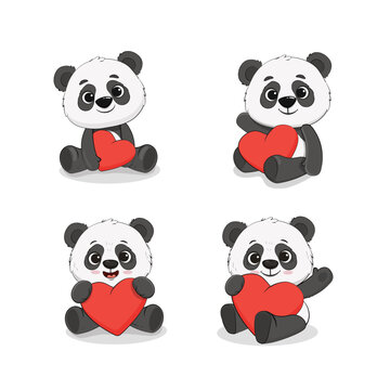 Set of cute cartoon pandas isolated on white.Panda with heart for your design Valentine's Day, birthday, Mother's Day, wedding. Vector