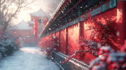Snowy day, red wall of the Forbidden City, plum tree on a red wall, covered in snow