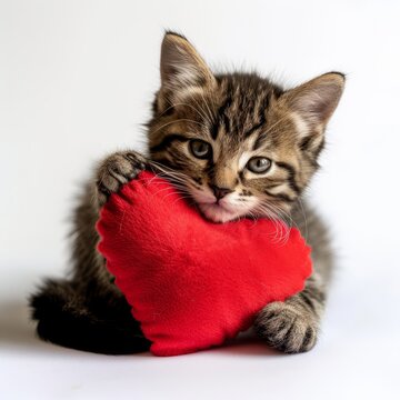 Kitten Holding Red Heart on White Background