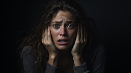 Close-up portrait of a depressing woman. shock distress sad cry emotional. touching face. Generated AI