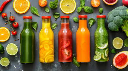 Green yellow orange and red smoothie in glass bottle