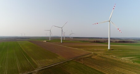 Aerial wiev of windmills farm. Power Energy Production