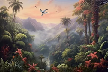 Deurstickers A scenic landscape featuring palm trees, majestic mountains, and birds against a vibrant backdrop. Generative AI © Elizabeth