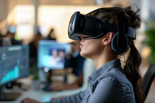 Businesswoman watching VR goggles by colleague at workplace