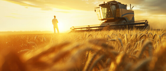 A farmer surveys his golden wheat field at sunrise, with a harvester ready for the day's yield