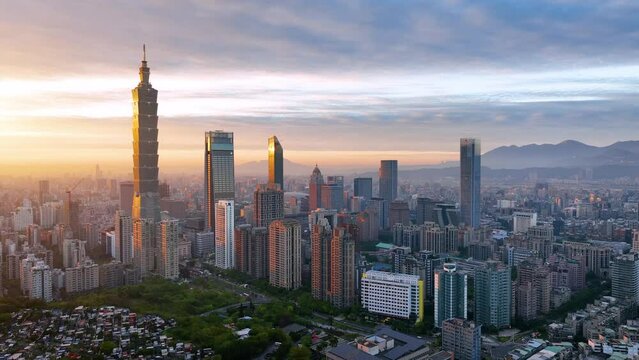 Taipei skyline panorama with view of Taipei 101 beautiful Taipei sunset, Taiwan city business skyline and skyscrapers, skyscrapers and other modern buildings of the city.	