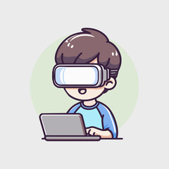Boy wearing virtual reality glasses to access augmented reality with laptop vector icon illustration