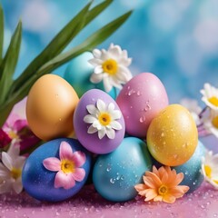 Fototapeta na wymiar Easter eggs and spring flowers on a colorful background with water drops