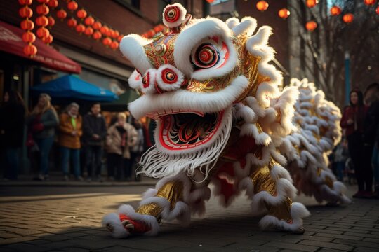 Photo of a lion dance in the street