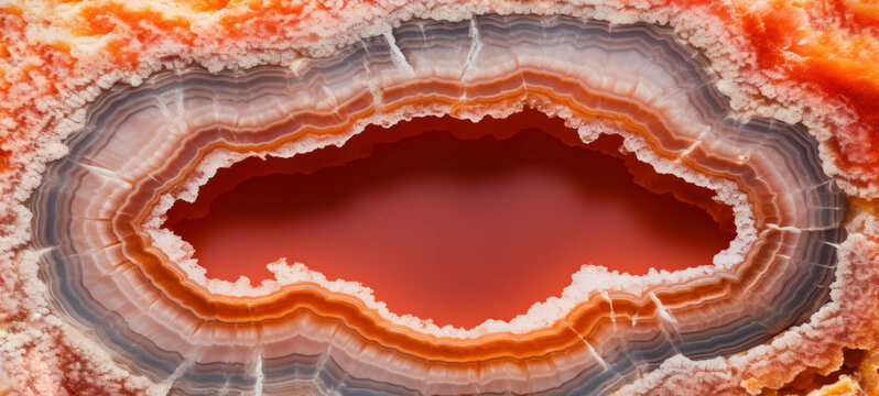Closeup of cross section of different colorful abstract healing stone orange apricot crystal quartz texture background.