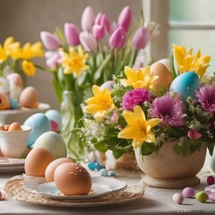Easter eggs and spring flowers on a colorful background with water drops