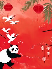 Chinese new year background with cartoon panda and Chinese lantern illustration on red theme background