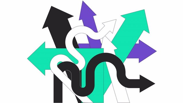 Decisions difficult arrows pointing different directions line 2D objects animation. Confused routes flat color cartoon 4K video, alpha channel. Uncertainty animated items on transparent background