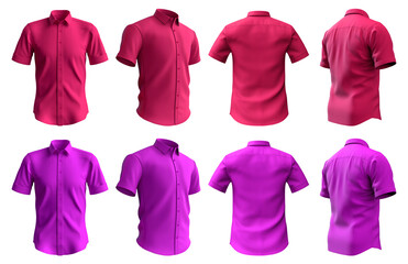 2 Set of magenta purple pink, button up short sleeve collar shirt front, back and side view on transparent background cutout, PNG file. Mockup template for artwork graphic design