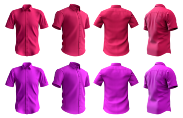 2 Set of magenta purple pink, button up short sleeve collar shirt front, back and side view on transparent background cutout, PNG file. Mockup template for artwork graphic design