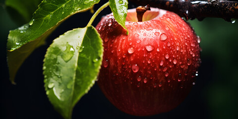 Apples on a branch with raindrops on them
