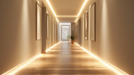 A gallery-style hallway with recessed lighting