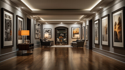 A gallery-style hallway with recessed lighting - obrazy, fototapety, plakaty