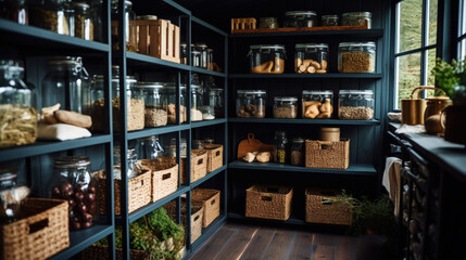 Organization of food storage. Cozy pantry with glass jars and wicker baskets. Dark colour palette. Generative AI - obrazy, fototapety, plakaty