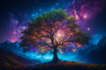 Alone tree with  fireflies or lightning bug in the night sky. A colorful winter landscape illustration, Generative AI
