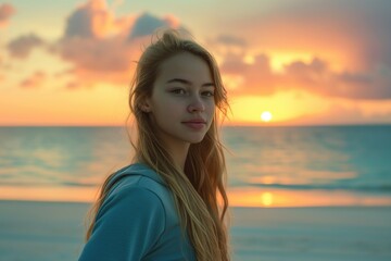 Obraz premium Portrait on the beach young woman with long blond hair