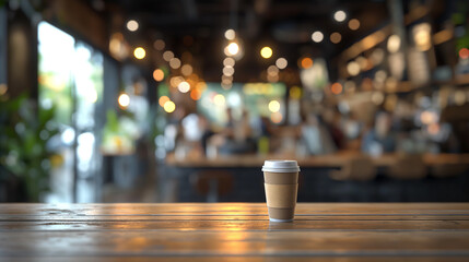 paper cup with coffee on wooden tabletop against blurred coffee shop background