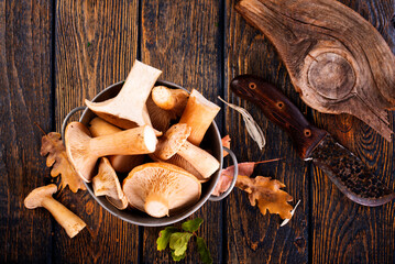 raw mushrooms, fresh mushrooms on cutting board - 720308295