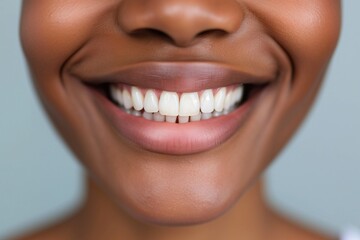 Close up shot of a black woman smiling with perfect white teeth