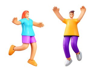 3d people. Render icon, person happy woman and man, celebrate active girl ,young jumping boy, movement jump, fly student, human dynamic creative smiling character. Vector cartoon isolated illustration