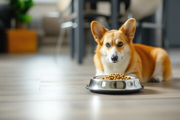 Corgy is lying on the floor near the stainless steel bowl of dry kibble dog food - obrazy, fototapety, plakaty