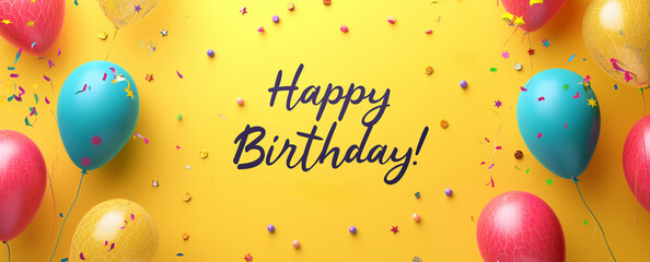 festive banner with inscription happy birthday with balloons and confetti on yellow background - obrazy, fototapety, plakaty