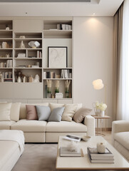 Modern creamy style,family living room, superflat bookcase, the color of Morandi, soft furnishings in the space