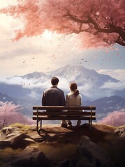couple are sitting  looking at the blossoms in front of the mountain