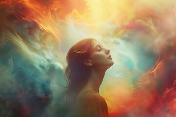 Ethereal woman in a blissful state against a dynamic colorful background - obrazy, fototapety, plakaty