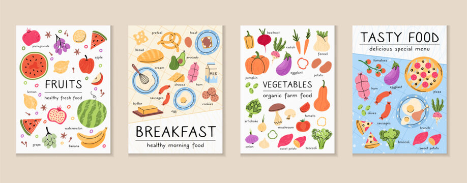 Illustration food poster. Grocery products. Plates on table. Recipe cooking ingredients. Delicious tomato. Sweet strawberry. Fruits on tablecloth. Breakfast meal. Farm vegetables. Vector garish set