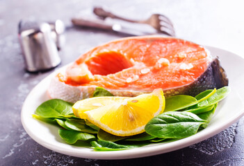 Salmon. Fresh raw salmon fish fillet with cooking ingredients - 720309270