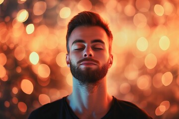 Man meditating peacefully with eyes closed, bokeh background